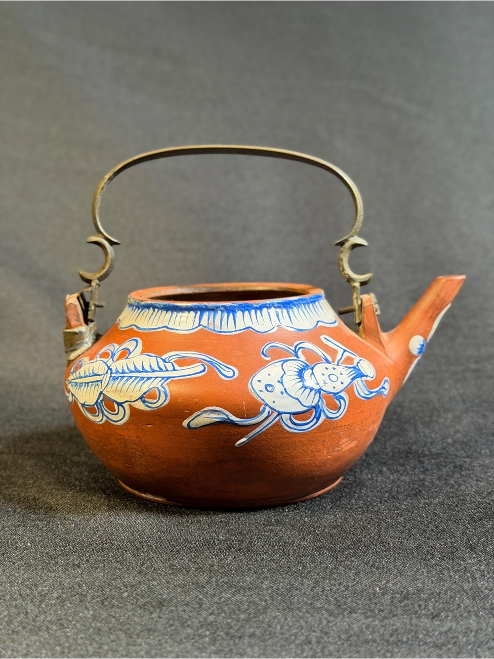 Antique Yixing Teapot, Blue Enamel Floral, Brass Handle, Late Qing Dynasty
